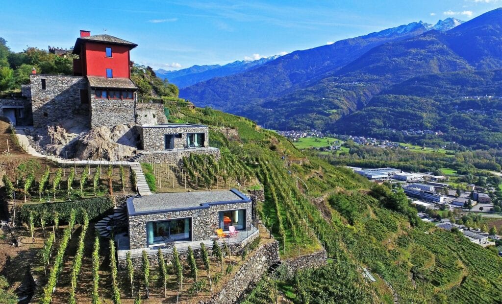 Panorama con vigneti della strada del vino della Valtellina